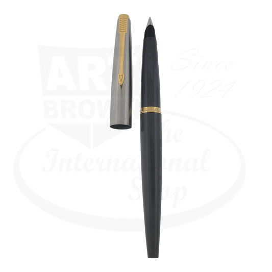 Parker 45 fountain pen, preowned grey plastic barrel, silver cap with gold trim