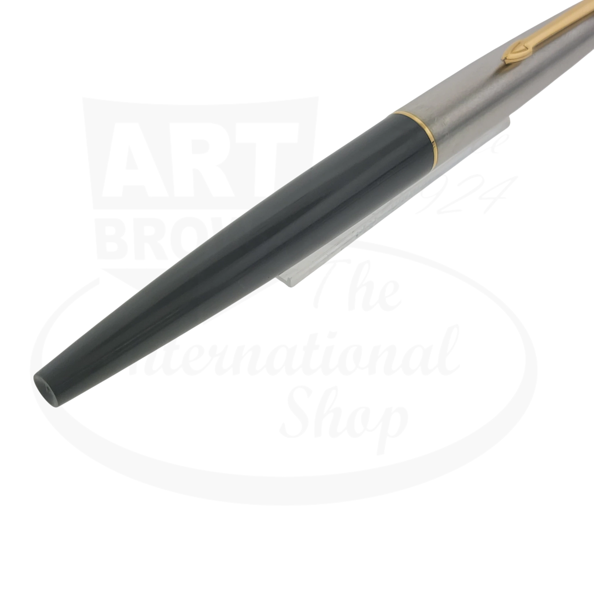 Parker 45 preowned fountain pen grey resin barrel silver metal cap with gold clip and minor dents