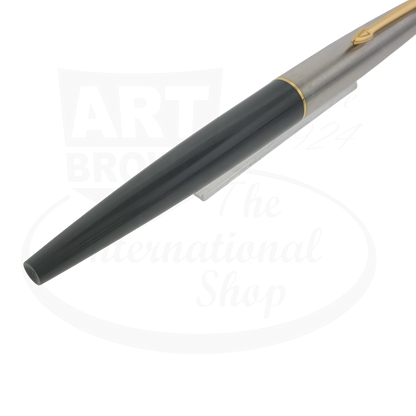 Parker 45 preowned fountain pen grey resin barrel silver metal cap with gold clip and minor dents