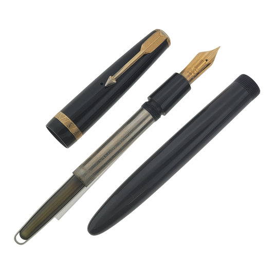 Vintage Preowned Parked Maxima Duofold Black & Gold Fountain Pen, 14K Nib