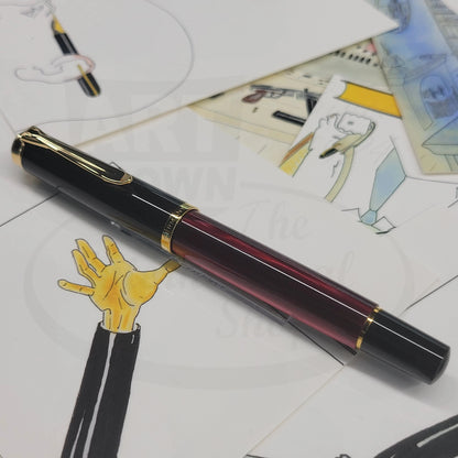 Pelikan Classic M200 827379 red marbled resin fountain pen with black cap and gold trim medium nib