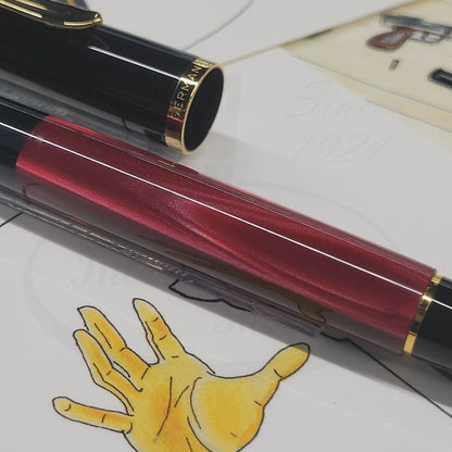 Pelikan Classic M200 827379 marbled red resin barrel with black cap and gold-plated accents fountain pen