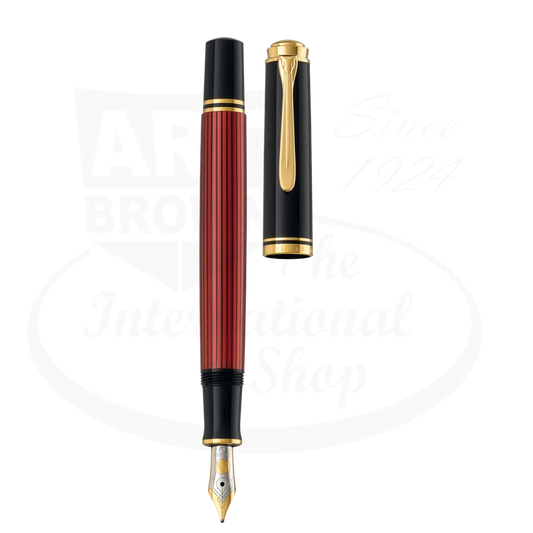 Pelikan Souveran M800 fountain pen in Red and black with gold accents and duotone 18k gold nib