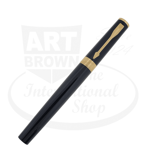 Parker 5th black resin rollerball pen with polished gold-tone clip and band, featuring sleek cylindrical barrel and classic Parker arrow design