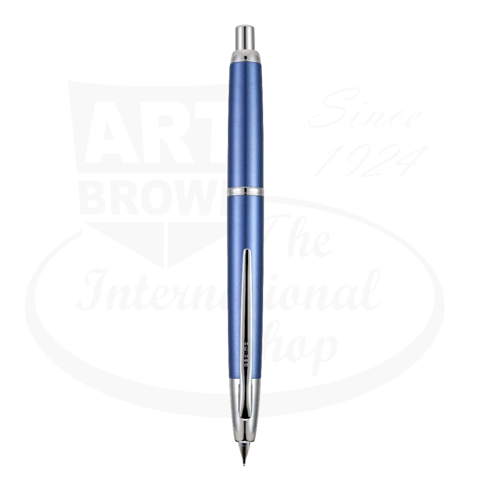 Pilot Vanishing Point Decimo fountain pen in metallic light blue lacquer with rhodium trim, retractable fine nib, slim profile body design