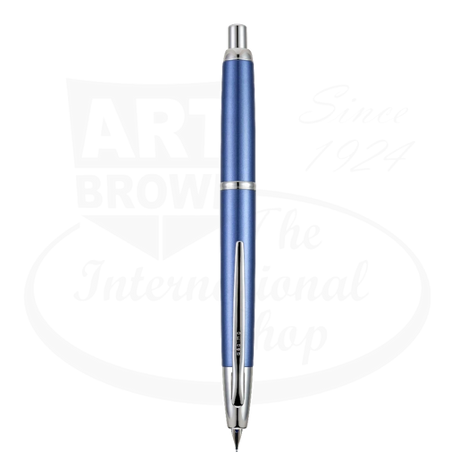 Pilot Vanishing Point Decimo fountain pen in metallic light blue lacquer with rhodium trim, retractable fine nib, slim profile body design