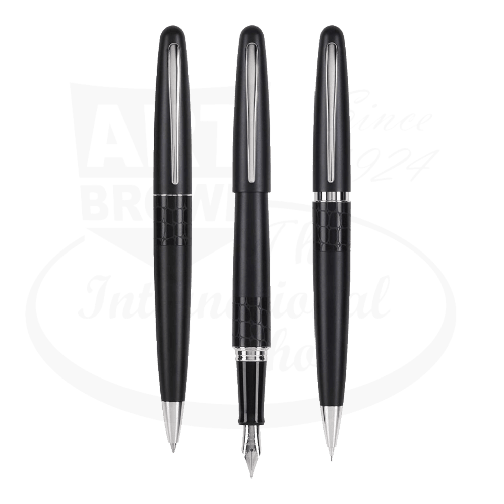 Pilot metropolitan writing set in black with crocodile pattern. Includes rollerball pen, fountain pen and mechanical pencil