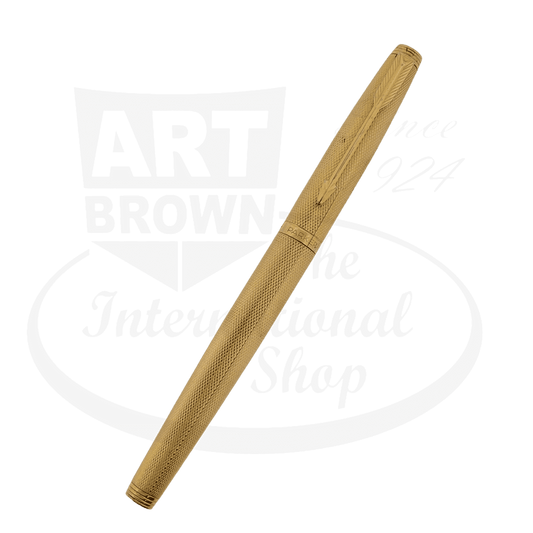 Parker Vintage Gold-Plated Fountain Pen, textured barrel design, showing wear and tarnish, cracked cap with engraving, damaged grip section