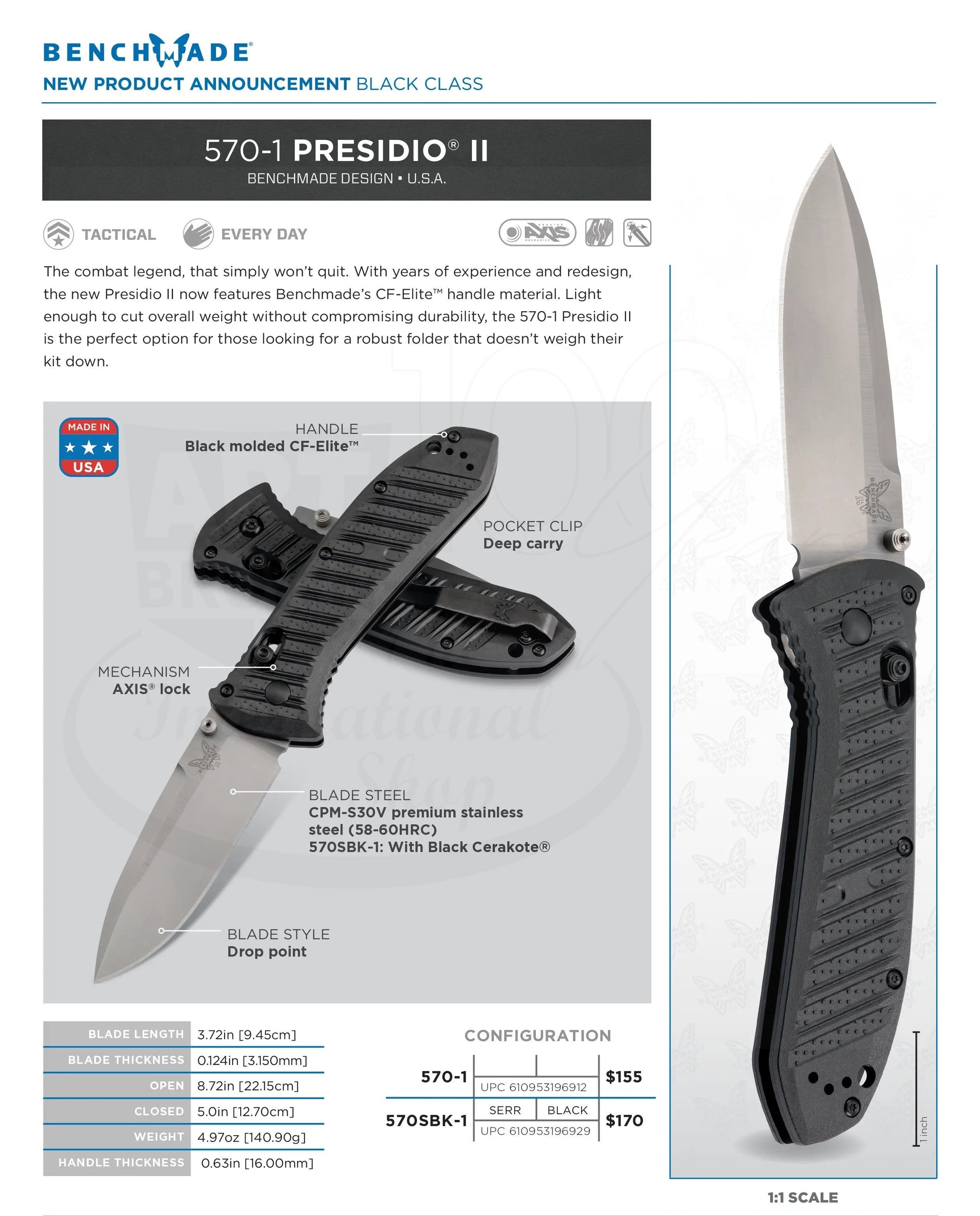 Benchmade Presidio® II CF-Elite® Drop point folding knife specs and information