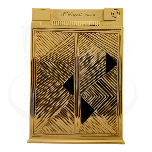 ST Dupont Afrika Jeroboam 026210 brass table lighter featuring geometric Art Deco patterns in gold finish with black onyx inlays and distinctive tribal-inspired engravings