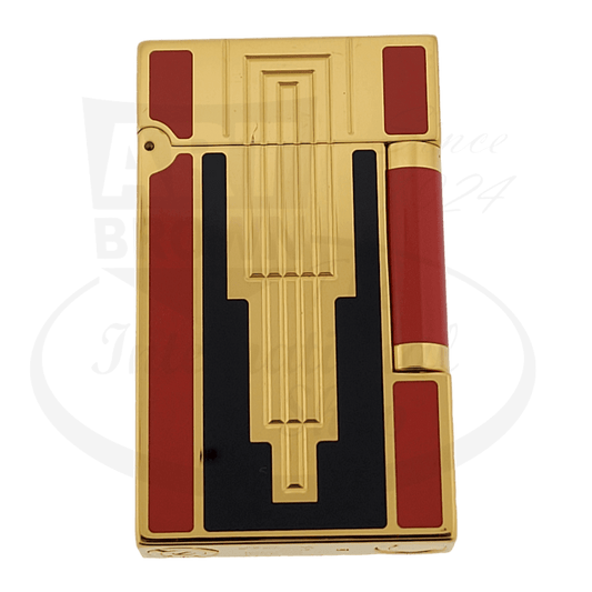 S.T. Dupont Ligne 2 Art Deco 016707 brass and lacquer lighter featuring gold-plated finish with geometric red and black enamel Art Deco pattern, limited edition vintage design