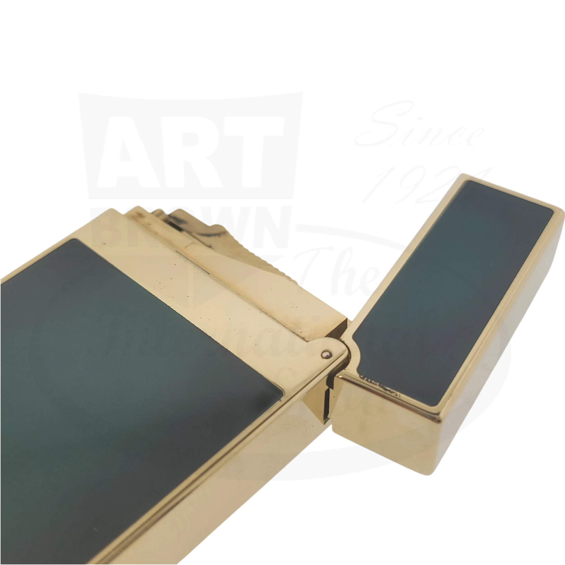 Preowned S.T. Dupont Ligne 2 Atelier Lighter 016303-D1 gold-plated brass with sunburst green lacquer panels handcrafted