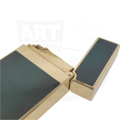 Preowned S.T. Dupont Ligne 2 Atelier Lighter 016303-D1 gold-plated brass with sunburst green lacquer panels handcrafted