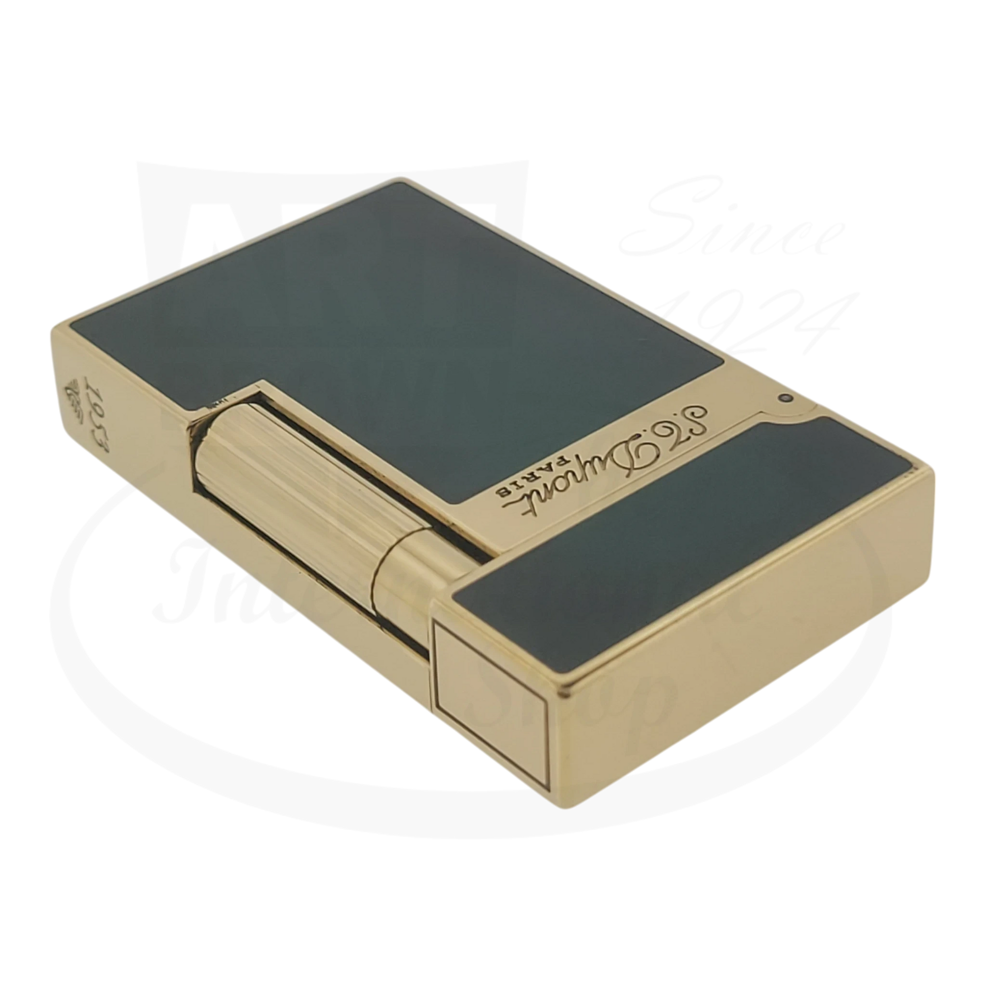 Preowned S.T. Dupont Ligne 2 Atelier Lighter 016303-D1 gold-plated brass with sunburst green lacquer finish compact design