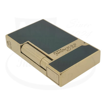 Preowned S.T. Dupont Ligne 2 Atelier Lighter 016303-D1 gold-plated brass with sunburst green lacquer finish compact design