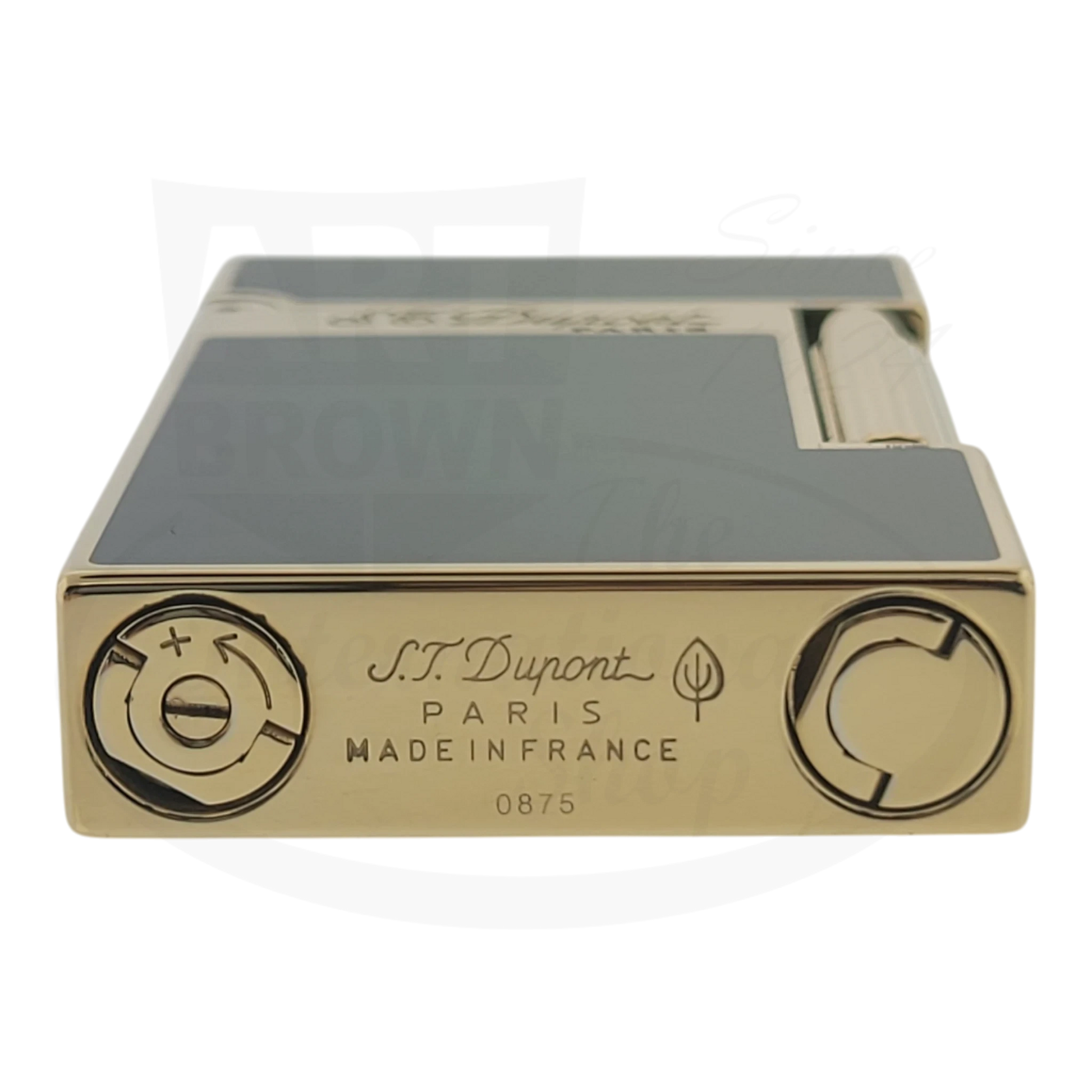 Preowned S.T. Dupont Ligne 2 Atelier Lighter 016303-D1 gold-plated brass with green sunburst lacquer, compact rectangular design