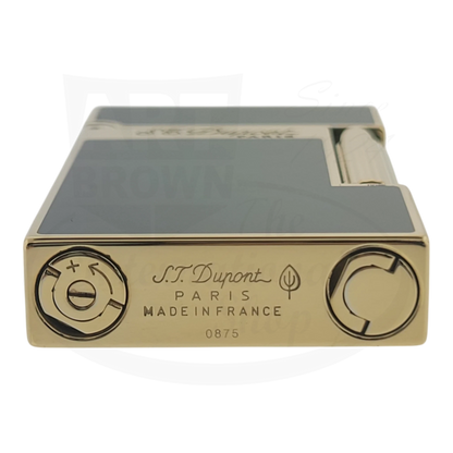 Preowned S.T. Dupont Ligne 2 Atelier Lighter 016303-D1 gold-plated brass with green sunburst lacquer, compact rectangular design