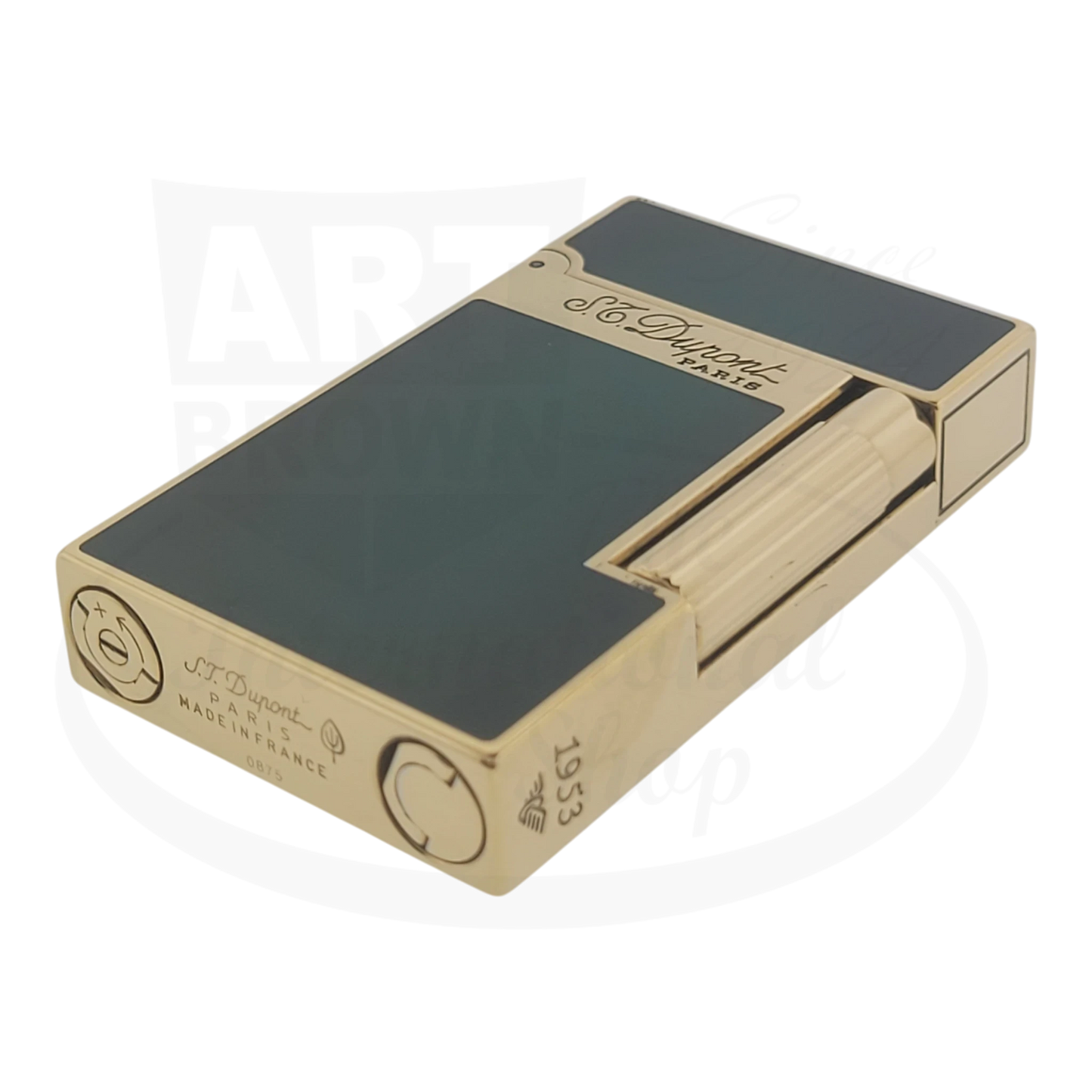 Preowned S.T. Dupont Ligne 2 Atelier Lighter 016303-D1 gold-plated brass sunburst green lacquer compact design
