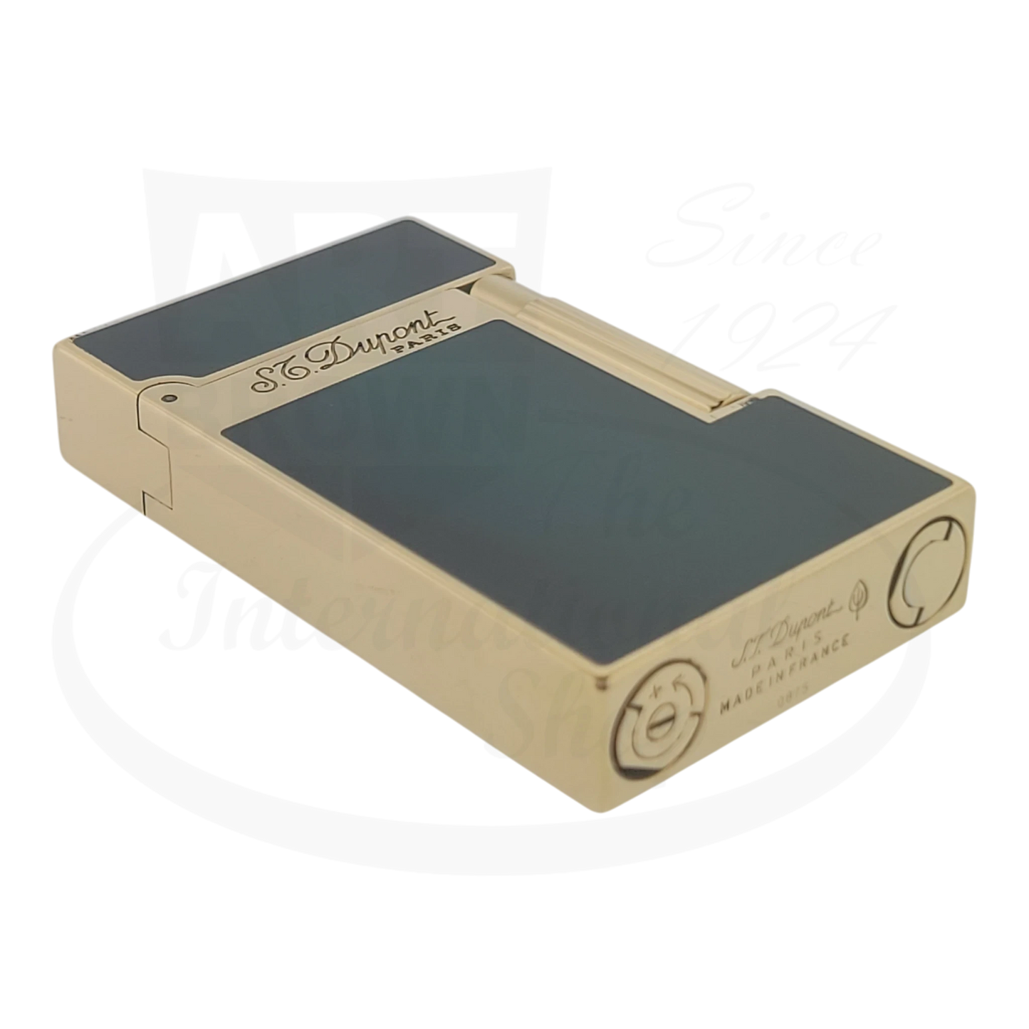 S.T. Dupont Ligne 2 Atelier Lighter 016303-D1 gold-plated brass with sunburst green lacquer, rectangular compact design
