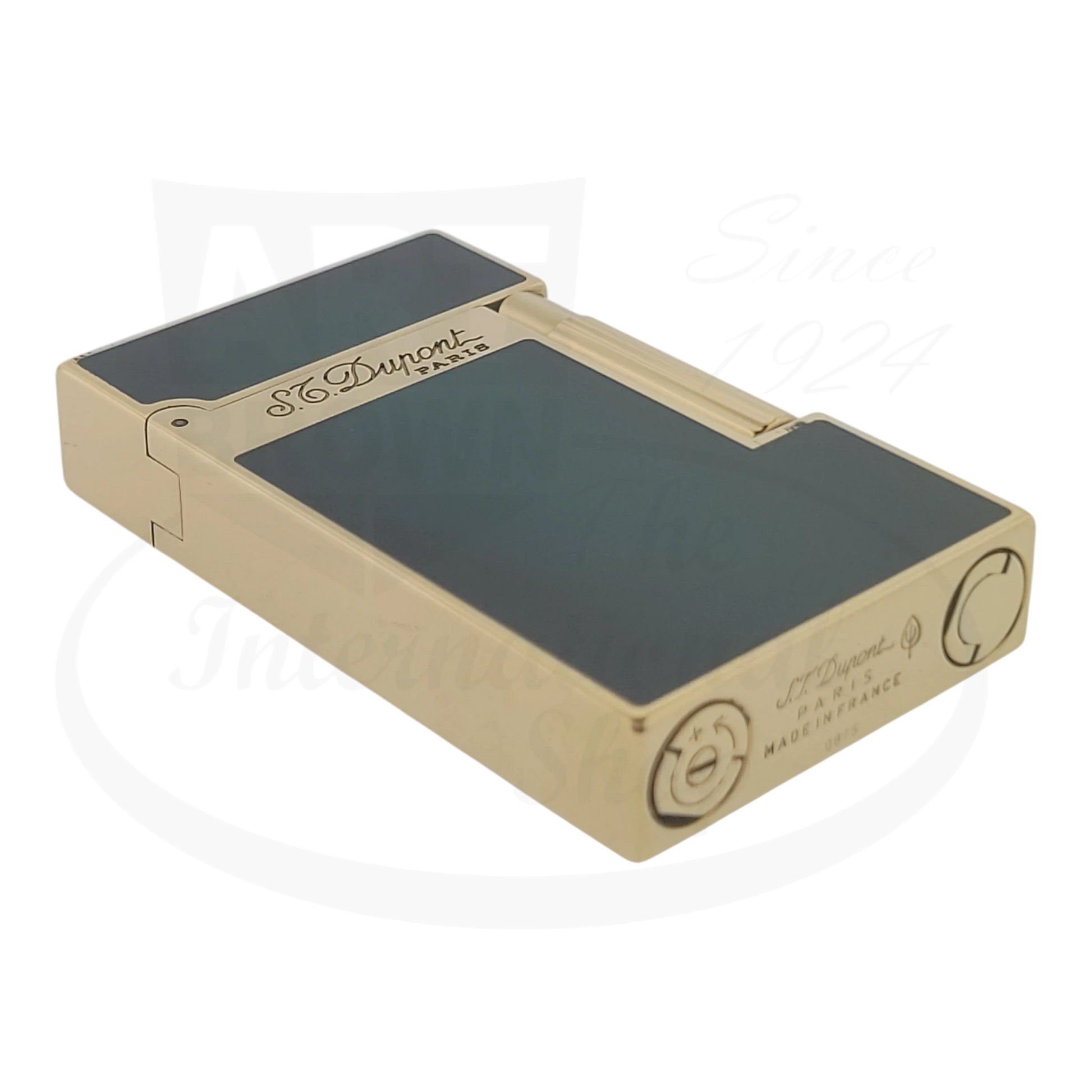 S.T. Dupont Ligne 2 Atelier Lighter 016303-D1 gold-plated brass with sunburst green lacquer, rectangular compact design