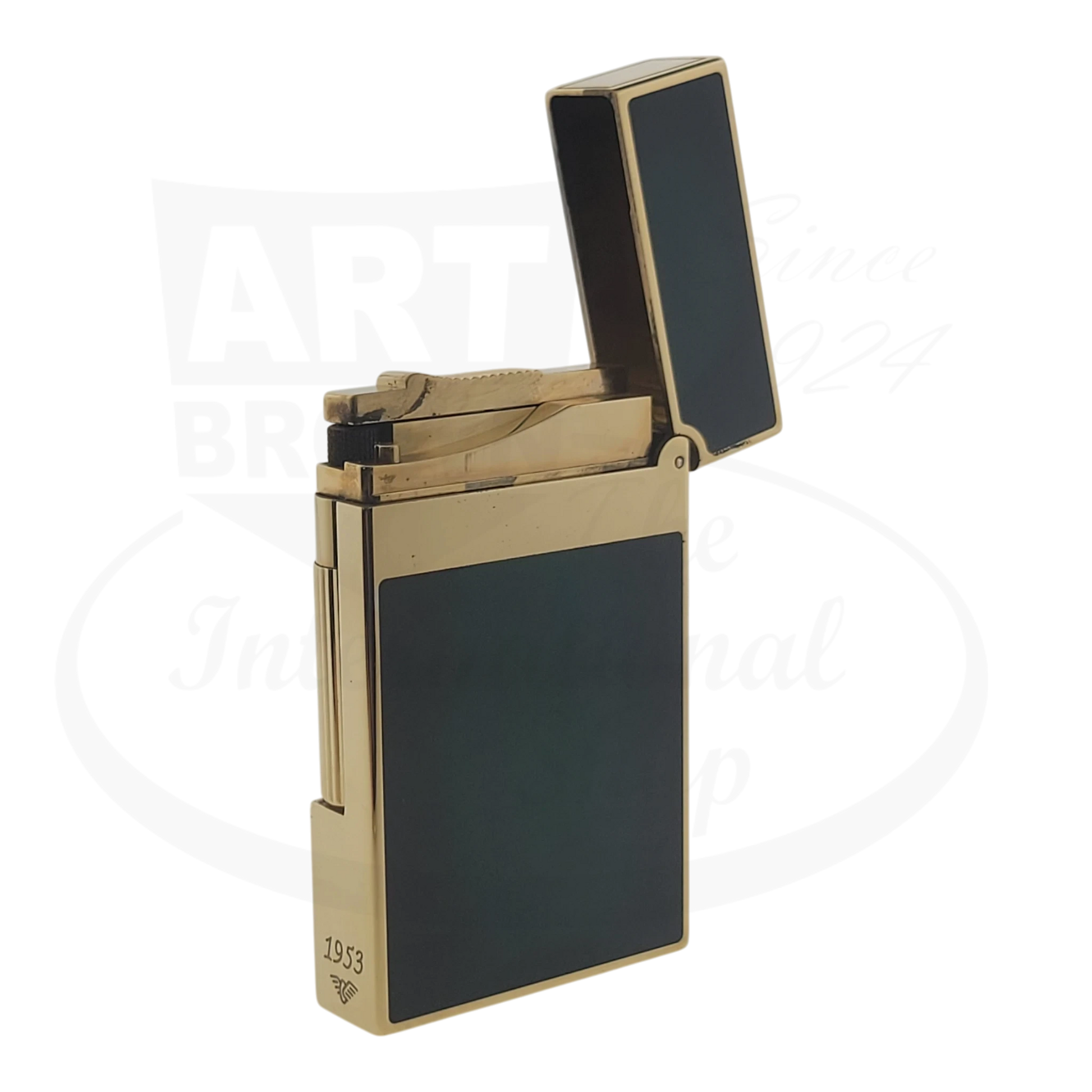 Preowned S.T. Dupont Ligne 2 Atelier Lighter Sunburst Green 016303-D1 gold-plated brass with green lacquer panels, open lid