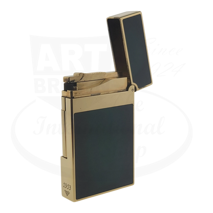 Preowned S.T. Dupont Ligne 2 Atelier Lighter Sunburst Green 016303-D1 gold-plated brass with green lacquer panels, open lid