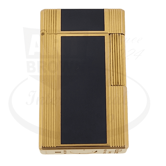 S.T. Dupont Ligne 1 014600 tall lighter in black lacquer and gold-plated brass with vertical ridged design, showcasing classic rectangular shape