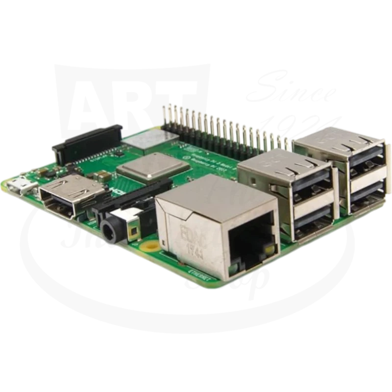 Raspberry Pi Model B+ Board 3B+ green fiberglass circuit board with USB ports and Ethernet connector