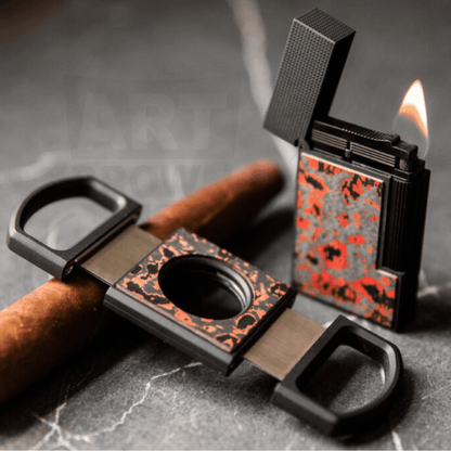 S.T. Dupont Carbon Fiber Ligne 2 Lighter and matching cutter, Fiery Lava motif in red and matte black.