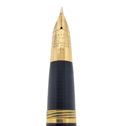 Sheaffer Snorkel fountain pen nib in solid 14K gold with vertical engraved lines and polished gold trim