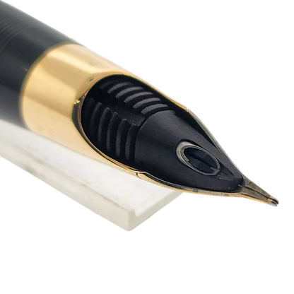 Sheaffer Snorkel fountain pen nib section with black feed, solid 14K gold trim, and unique snorkel filling system tip