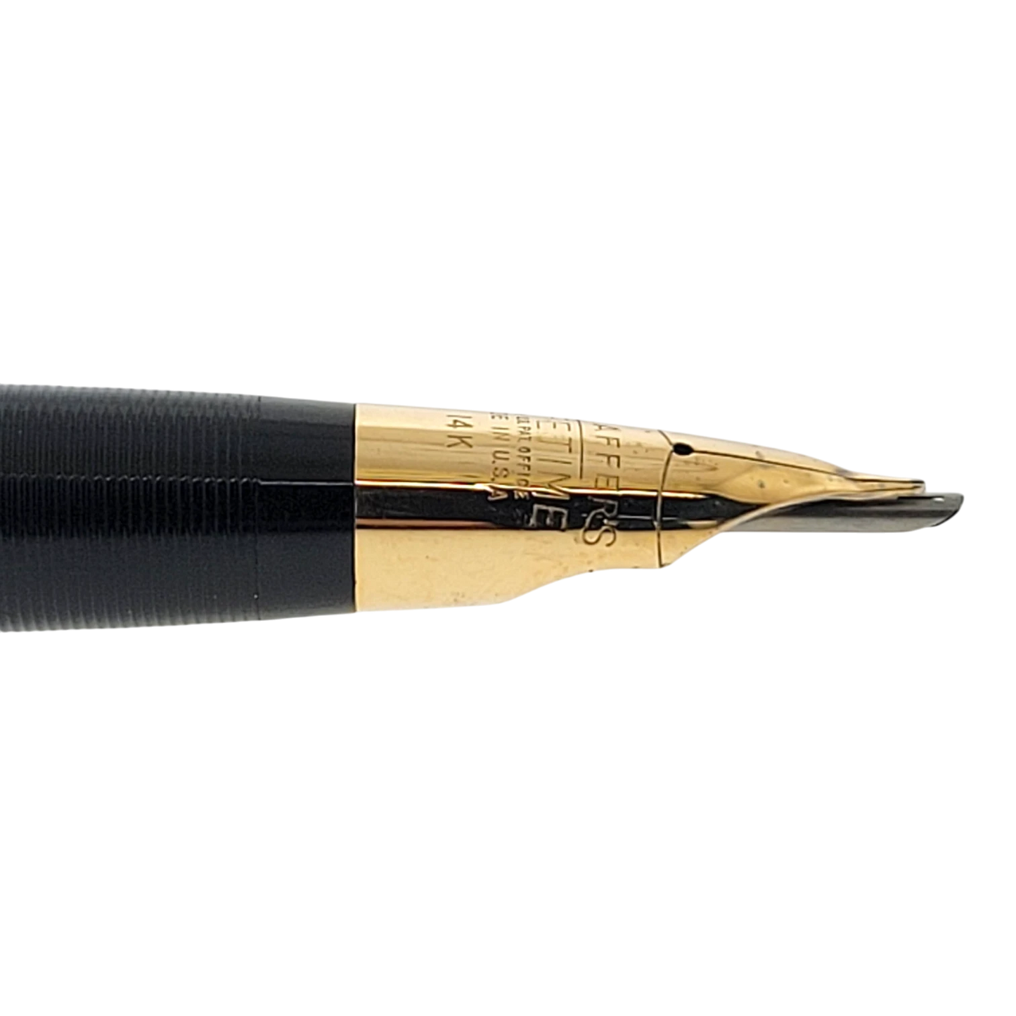 Sheaffer Snorkel fountain pen nib in solid 14K gold with vertical engraved lines and black grip section