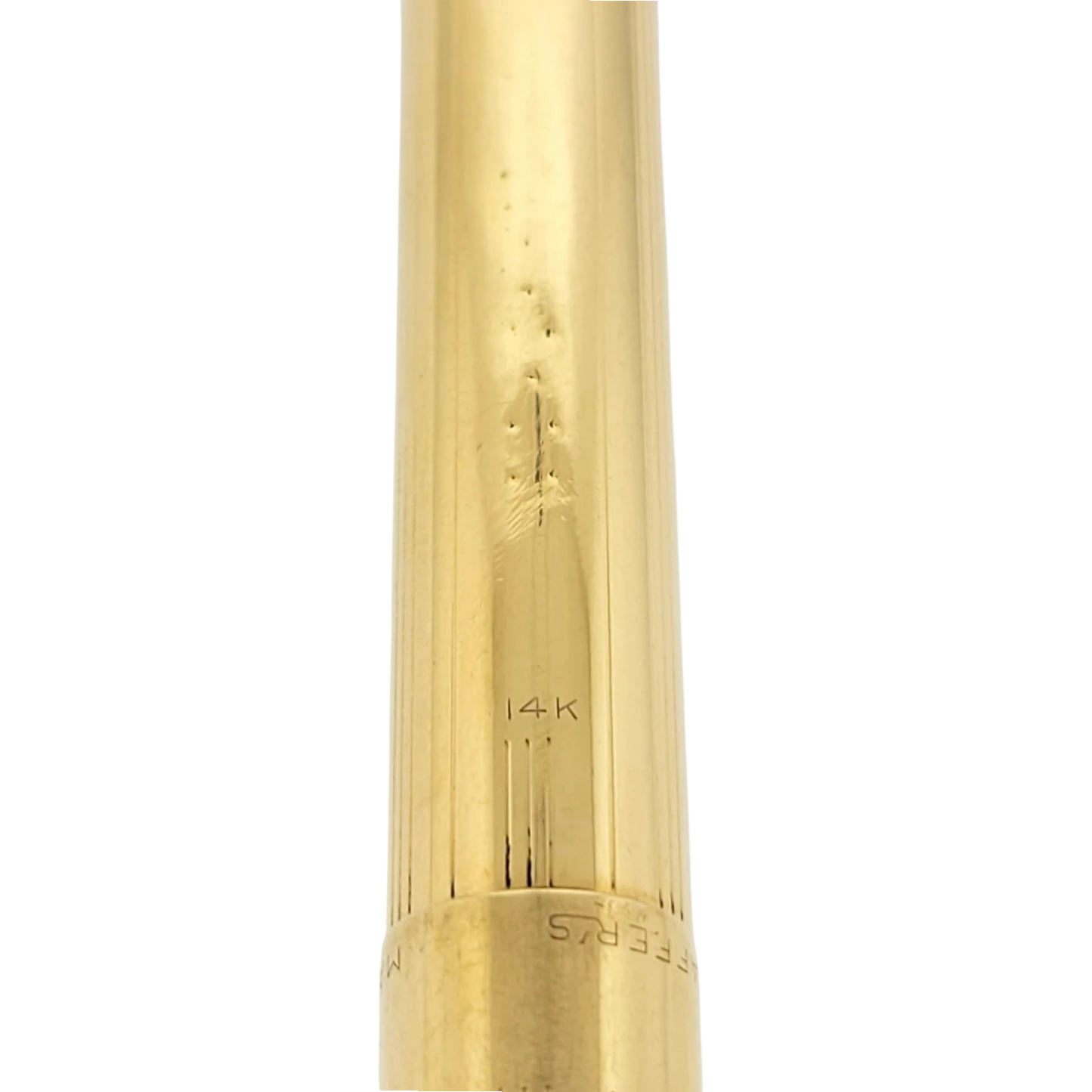 Sheaffer Snorkel fountain pen cap in solid 14K gold with vertical lined pattern and engraved branding near base