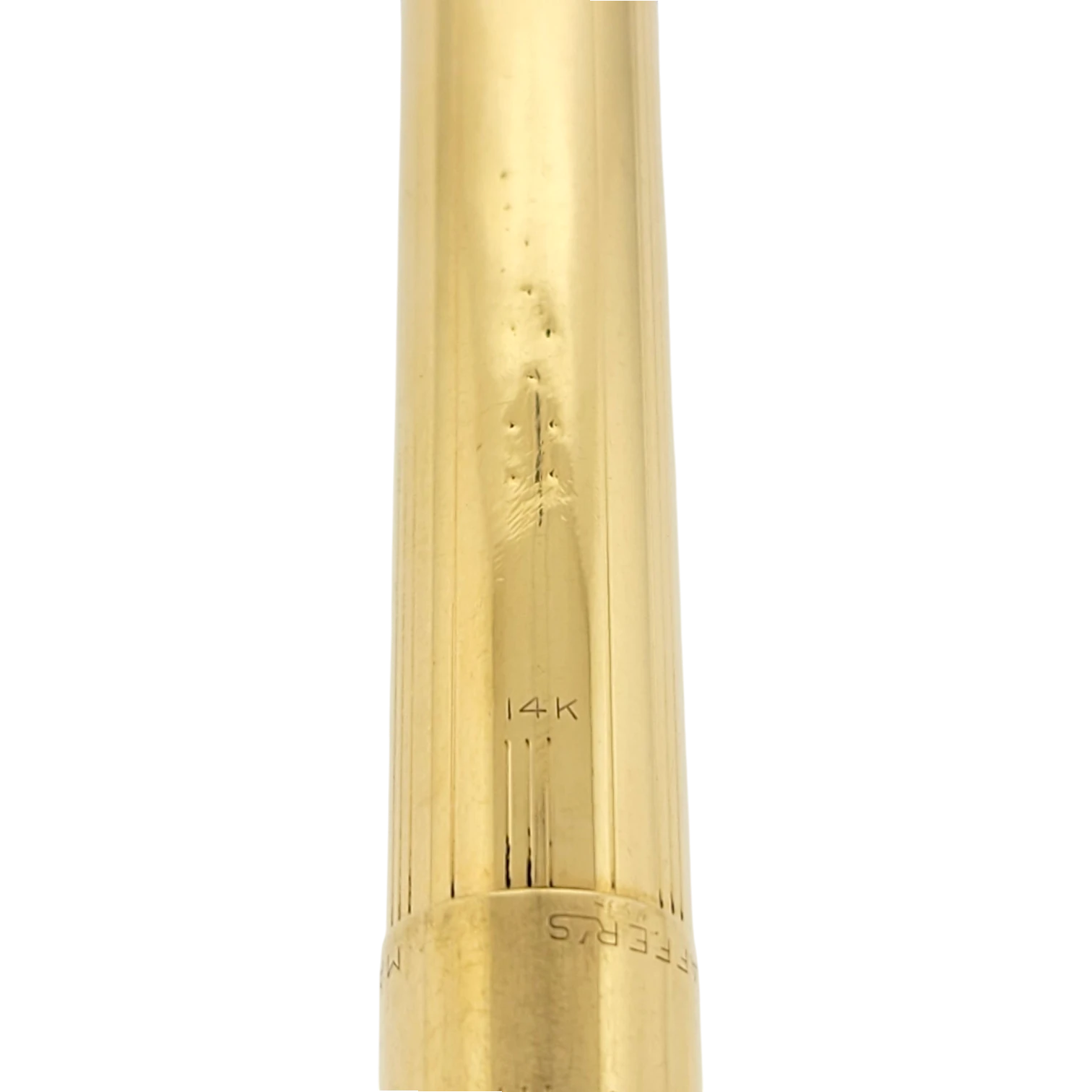 Sheaffer Snorkel fountain pen cap in solid 14K gold with vertical lined pattern and engraved branding near base