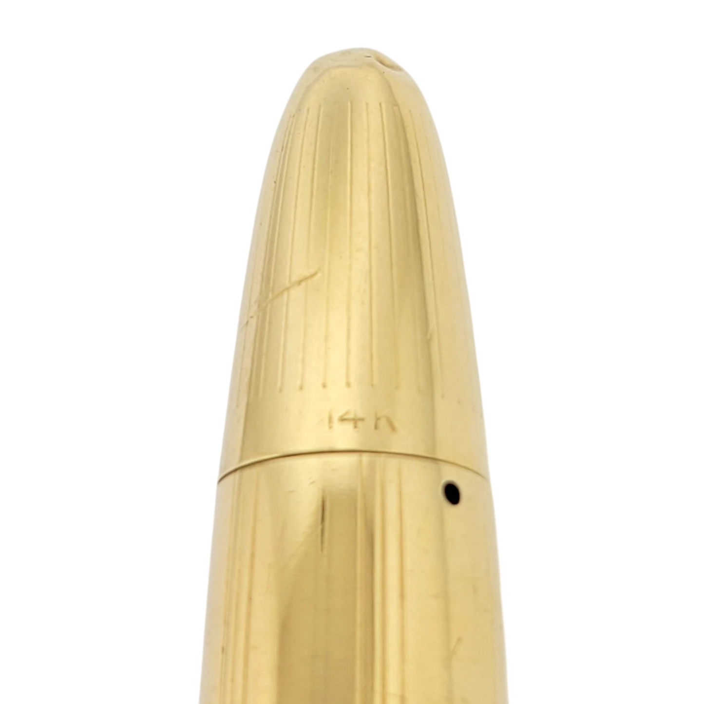 Sheaffer Snorkel fountain pen cap in solid 14K gold with vertical line engravings and polished finish