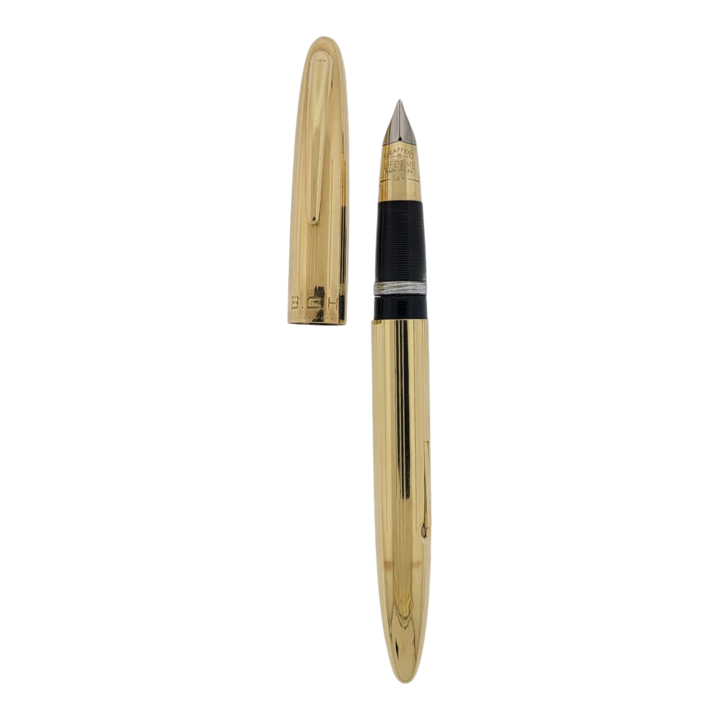 Preowned Sheaffer Lifetime Solid 14K Gold Vertical Lines Lever Fountain Pen – Engraved