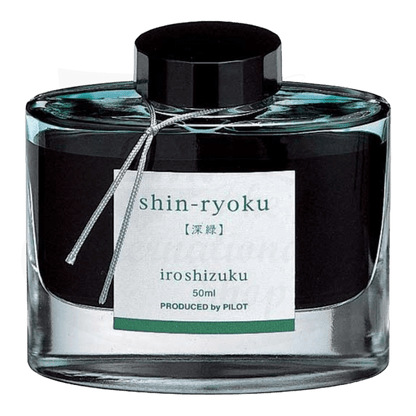 Pilot Iroshizuku Shin-ryoku glass bottle fountain pen ink, 50ml, transparent container with black cap, teal-green liquid, white label with Japanese text