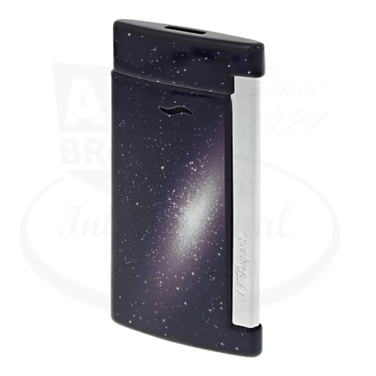 S.T. Dupont Slim 7 lighter in Galaxy Blue, unlit, with a sparkling cosmic design and sleek chrome side trigger.