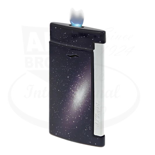 Blue Galaxy-themed S.T. Dupont Slim 7 lighter with a lit flame, showcasing a night sky inspired design with chrome finishes.