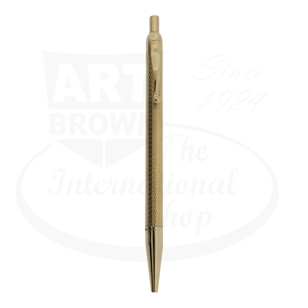 An elegant Tiffany & Co 14K gold ballpoint pen featuring a refined Barley Grain pattern, exemplifying luxury in writing instrument