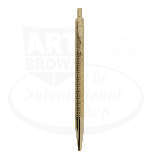 An elegant Tiffany & Co 14K gold ballpoint pen featuring a refined Barley Grain pattern, exemplifying luxury in writing instrument