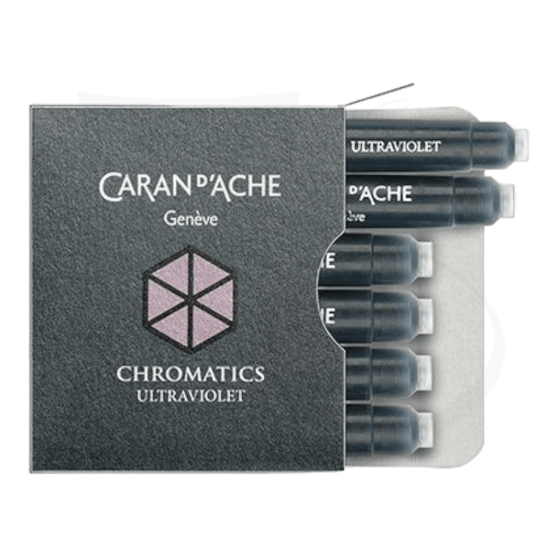 Caran d'Ache Chromatics Ultraviolet fountain pen ink cartridges, 6-pack in transparent case with dark grey packaging featuring hexagonal logo