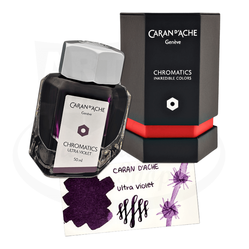 Caran D' Ache Chromatics Ultra Violet fountain pen ink, in hexagonal bottle with color swatch and black hexagonal box