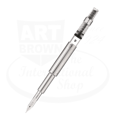 Pilot Vanishing Point 18k gold rhodium-plated nib unit with silver metal housing and CON-40 converter, transparent ink feed mechanism