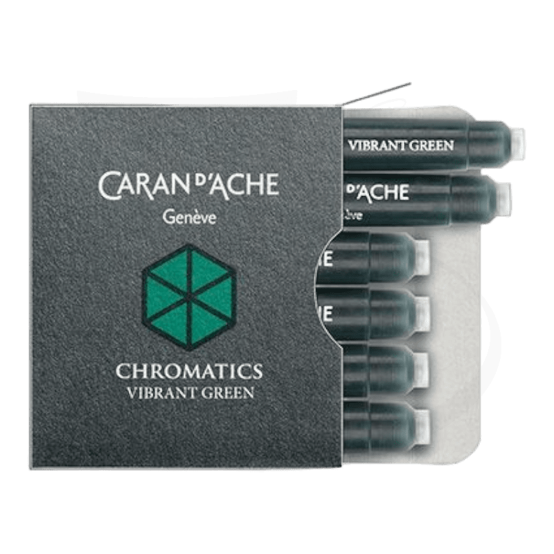 Caran d'Ache Chromatics Vibrant Green fountain pen ink cartridges in grey box, six-pack configuration, international standard size, hexagonal logo on packaging