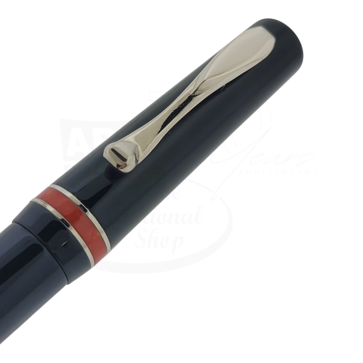 Close-up of gallery 7 showing clip and coral band detail on Preowned Visconti Voyager Midnight Coral Fountain Pen