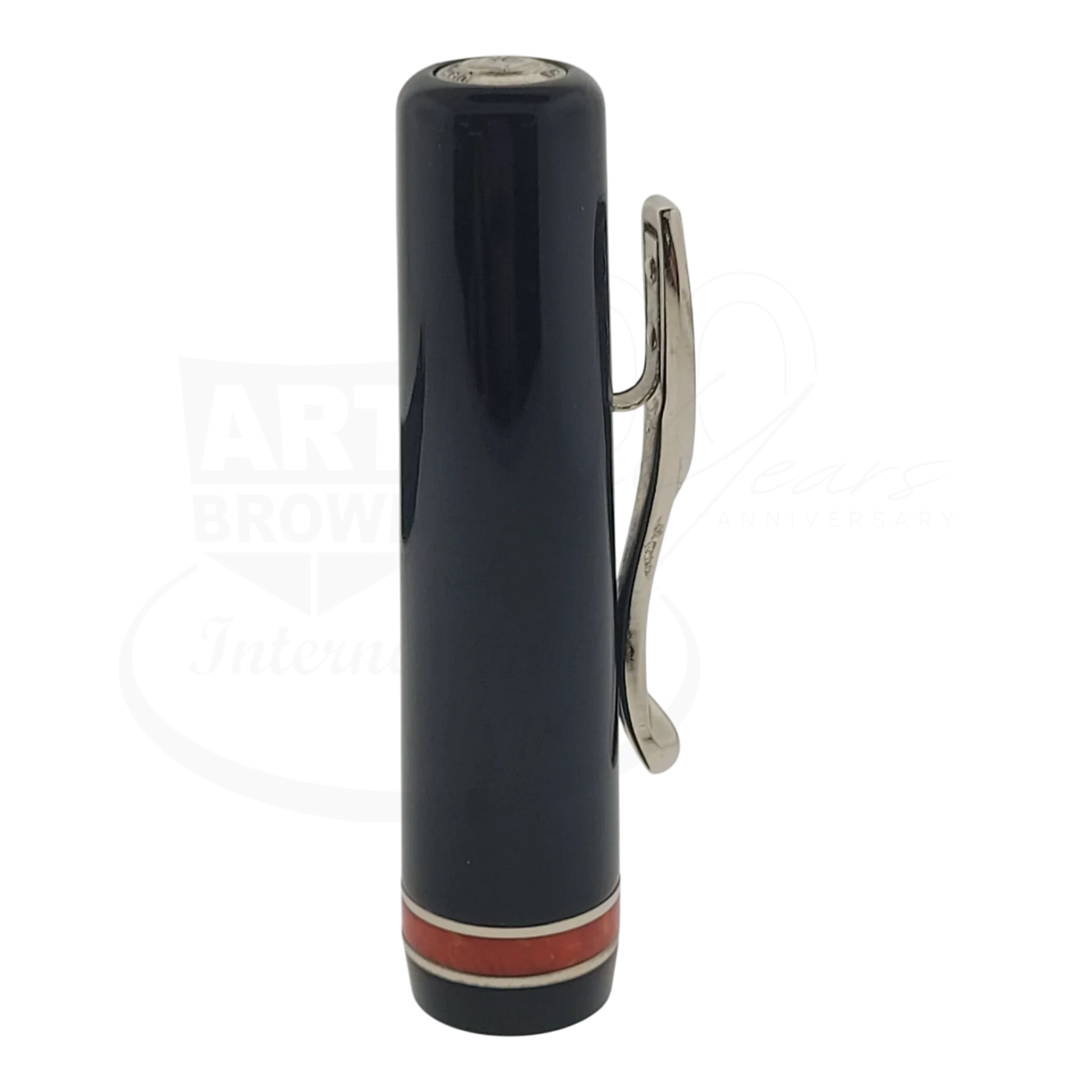 Preowned Visconti Voyager Midnight Coral Fountain Pen cap with silver clip and coral accent ring, gallery position 9 square image