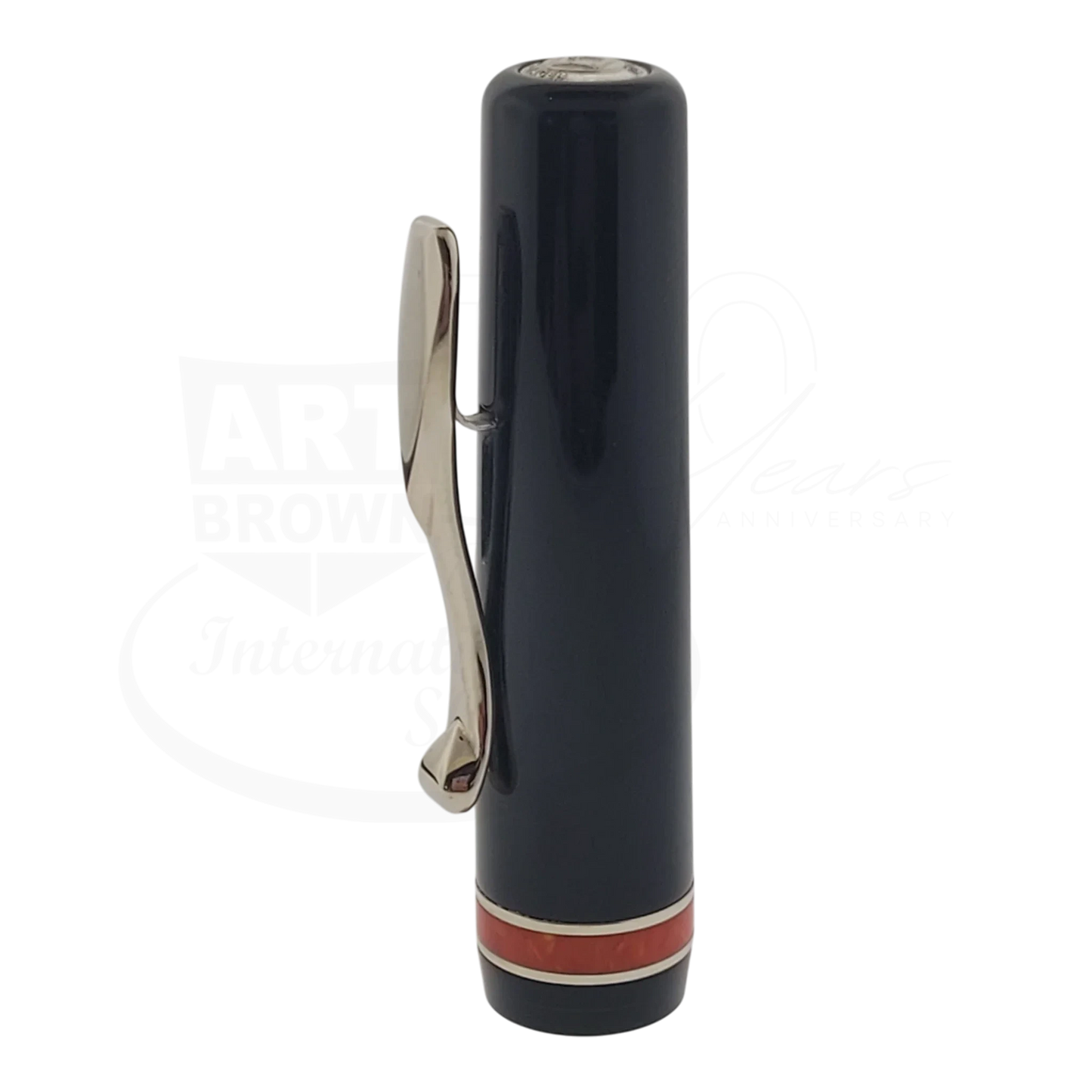 Preowned Visconti Voyager Midnight Coral Fountain Pen cap shown upright with silver clip and coral-colored band, gallery 10 square image