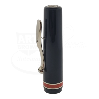 Preowned Visconti Voyager Midnight Coral Fountain Pen cap shown upright with silver clip and coral-colored band, gallery 10 square image
