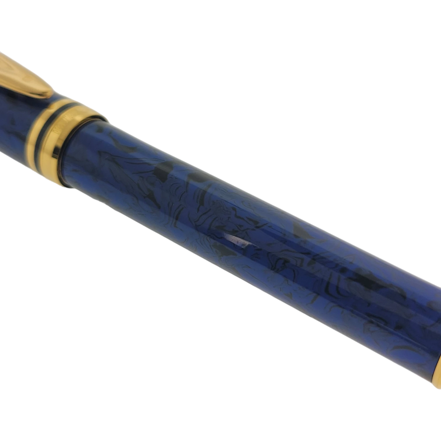 Waterman Le Man fountain pen with blue marble barrel, gold trim, and 18K gold nib